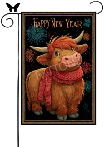 Happy New Year Garden Flag 12x18 Double Sided Vertical Linen Small Fireworks Highland Cow House Flag Welcome Holiday Winter House Outdoor Outside Decorations (27165)