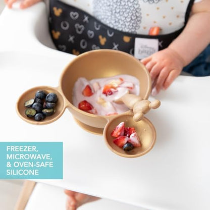Bumkins Disney Baby Bowl, Silicone Feeding Set with Suction for Baby and Toddler, Includes Spoon, First Feeding Set, Essentials for Baby Led Weaning for Babies Eating 4 Months Up, Minnie Mouse Gold
