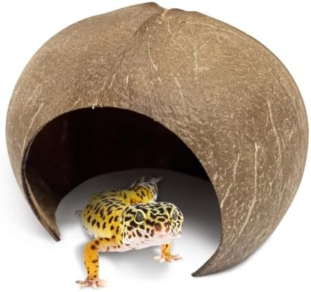 PINVNBY Large Natural Coconut Reptile Hideouts Lizard, Coco Hut Hermit Crab Hut Aquarium Fish Hide Cave for Small Reptile Crested Gecko Leopard Gecko Spider Snail Climber Toys