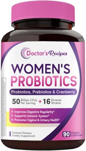Doctor's Recipes Women's Probiotic, 90 Caps 50 Billion CFU 16 Strains, with Organic Cranberry, Digestive Immune Vaginal & Urinary Health, Shelf Stable, Delayed Release, No Soy Gluten Dairy