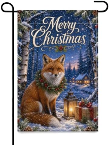 Merry Christmas Garden Flag 12x18 Inch Red Fox Pine Wreath Lantern Gift Snowy Birch Forest Rustic Winter Outdoor Yard Lawn Front Porch Welcome Double Sided Banner Decor