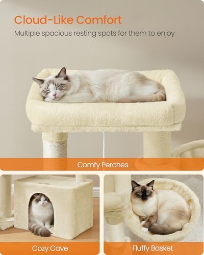 Feandrea Cat Tree, 33.8" Cat Tower Condo, Scratching Posts and Ramp, Beige