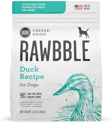 BIXBI Liberty Freeze-Dried Dog Food Topper & Treats, Duck – 95% Meat & Organs, No Refrigeration – USA Made, 12 oz
