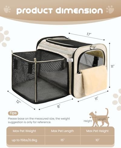 MIDOG Soft Cat Carrier Airline Approved, Expandable for Cats Up to 15lbs