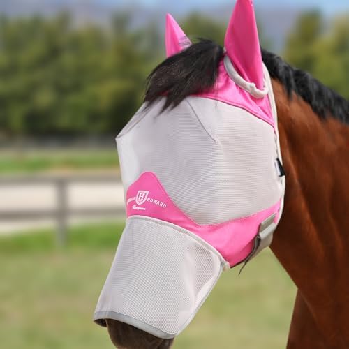 Harrison Howard Full Face Horse Fly Mask UV Protection and Breathable for Equine Use Comfortable Magenta-Grey L