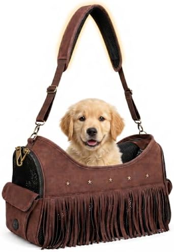 Vintage Pet Carrier Purse for Small Dogs and Cats, Cat Carrier Bag with Upgraded Zipper and Adjustable Shoulder Strap, Breathable Puppy Carrier Handbag for Travel, Walking, Daily Outings (Brown)