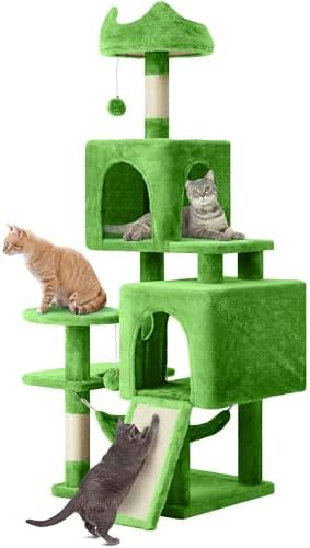 YITAHOME 54in Cat Tree Tower Condo, Multi-Level with Sisal Scratching Post, Cat Condos, Plush Top Perches, Hammock, Space Saving Cat Condo, Dangling Ball, Pet Play House,Pet Gift, Green
