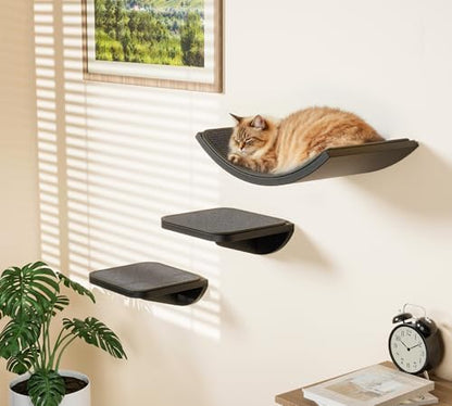 Grey Sisal-Padded Cat Wall Steps (2-Pack), Floating Wooden Cat Perch and Climbing Step Set, Wall Mounted Furniture for Jumping & Play