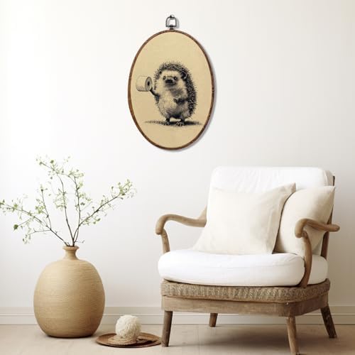 Funny Bathroom Oval Framed Wall Art, Vintage Hedgehog Canvas Art Wall Decor，Cottagecore Bathroom Hanging Decor Painting Artwork for Home Farmhouse Bedroom Living Room Office Toilet 8.3x12inch