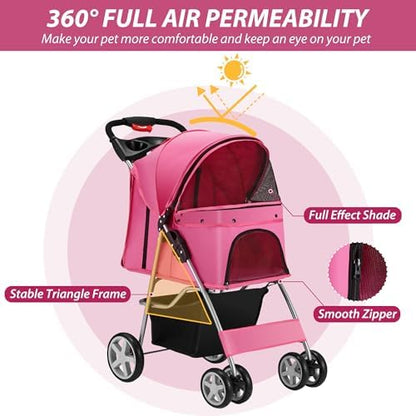 Unisakey Foldable 4-Wheel Pet Stroller for Dogs Cats 10-33lbs, Pink