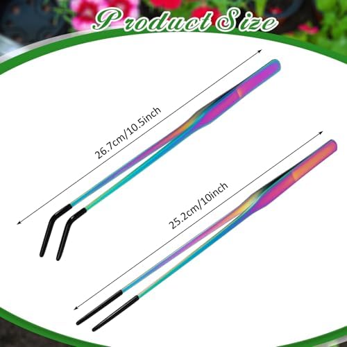 Lasnten 2 Pcs Extra Long Stainless Steel Reptile Feeding Tongs with Rubber Tip 10 Inch, 10.5 Inch Bearded Dragon Aquarium Straight and Curved Long Tweezer Terrarium Feeder Tool for Tank(Colorful)