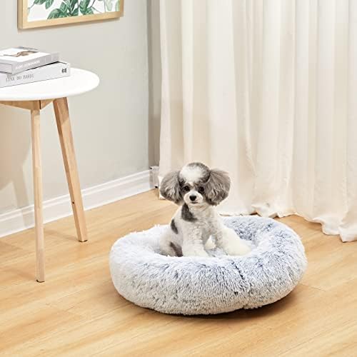 Bedfolks Calming Fluffy Donut Dog Bed for Small Dogs,Light Blue, 23" Round