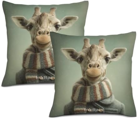 InkRain Winter Animal Cute Giraffe Pillow Cover 28x28 Inch Set of 2 Home Decor Decorative Cotton Linen Illustration Pillowcases for Living Room House Sofa