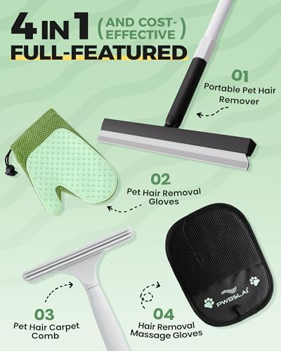 Carpet Rake for Pet Hair Removal Tool - 4 in 1 Pet Hair Remover Kit for Dog Cat Fur Remover, Contain 60" Adjustable Rubber Broom, Glove, Magic Brush and Scraper for Furniture (Black)