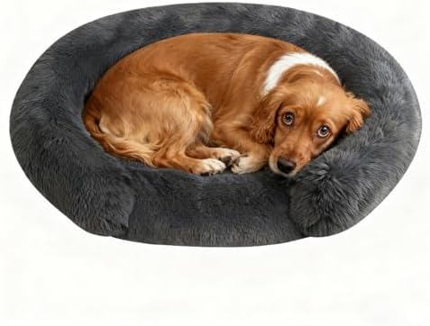 Calming Dog & Cat Beds with Orthopedic Egg-Crate Foam Raised Rim, Soft Fluffy Faux Fur Pet Bed for Small Medium Dogs, Anxiety Relief Spine Support, Machine Washable (Round, Dark Grey 28")