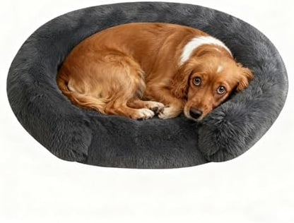 Calming Dog & Cat Beds with Orthopedic Egg-Crate Foam Raised Rim, Soft Fluffy Faux Fur Pet Bed for Small Medium Dogs, Anxiety Relief Spine Support, Machine Washable (Round, Dark Grey 28")
