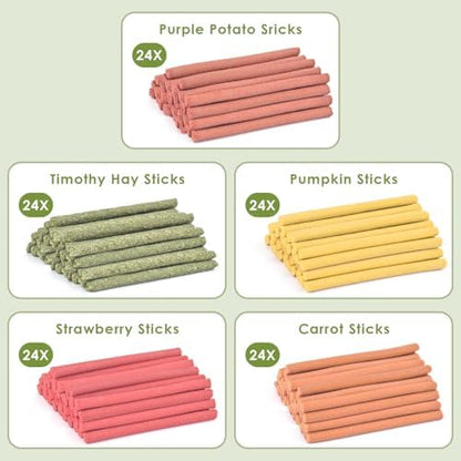 ERKOON 120Pcs Rabbit Timothy Hay Sticks, Five Flavors：PurplePotato/TimothyHay/Pumpkin/Strawberry/Carrot，Suitable Guinea Pig, Hamste, Gerbil, Chinchilla Treats, Chew Toys for Teeth for Bunnies
