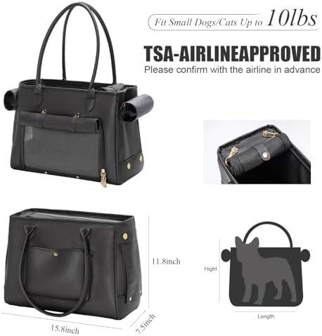 Fashion Pet Carrier Purse for Small Cat and Dog, Luxury Pu Soft-Sided Tote Bag with Large Pockets for Dogs and Puppies (Black, 15.8" L x 7.5" W x 11.8" H)