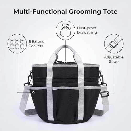 Horse Grooming Tote Bag with 6 Pockets & Drawstring Closure, Portable Grooming Bag for Horses, Waterproof Tack Bag with Shoulder Strap for Horse Grooming Supplies, Equestrian Grooming Kit Organizer