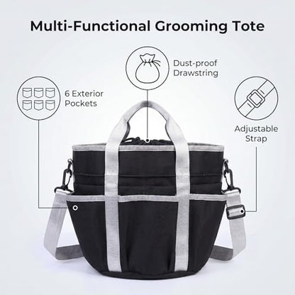 Horse Grooming Tote Bag with 6 Pockets & Drawstring Closure, Portable Grooming Bag for Horses, Waterproof Tack Bag with Shoulder Strap for Horse Grooming Supplies, Equestrian Grooming Kit Organizer