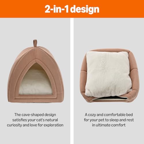Amazon Basics Cat Cave Bed, 2-in-1 Foldable House for Indoor Cats, with Washable Cushion and Non-Slip Base, 17.5 x 17.5 Inches, Large, Pink