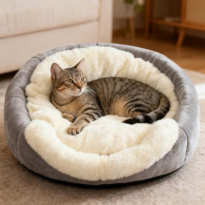 Cat Beds for Indoor Cats-Rabbit-Shaped Cat Cave Bed with Hanging Toy,Grey L