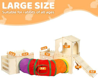 Extra Large Wooden Rabbit Hideout with Tunnels and Hay Feeder - Multistory Bunny Castle with Stairs, Climbing Tower and Sturdy Habitat for Indoor Bunnies, Guinea Pigs, Chinchillas Small Animal