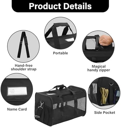 FluffyDream Pet Travel Carrier Soft Sided Portable Bag for Cats, Small Dogs, Kittens or Puppies, Collapsible, Durable, Airline Approved, Travel Friendly (Grey, 17.0" L x 10.0" W x 11.0" H) (Black)