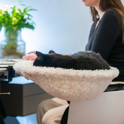 Round Cat Desk Bed, Space Saving Elevated Pet Hammock for 40lbs Cats, All-Season Office Workspace Cat Seat, Sturdy Desk Mounted Bed with Washable Breathable Fabric, 360 View Hammock