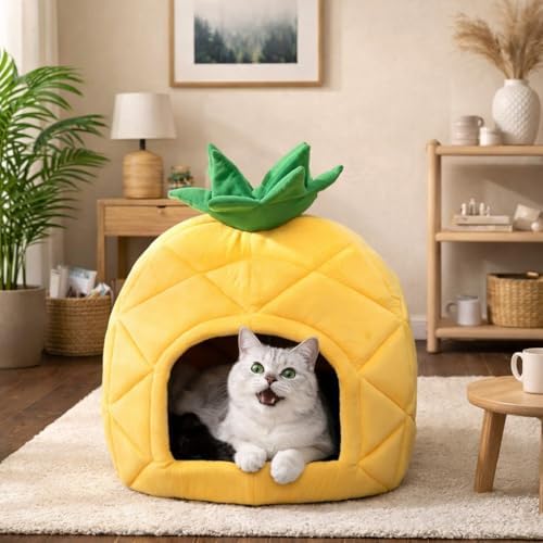 Hollypet Cat Bed Cave for Indoor Cats for Pets up to 15 lbs, Pineapple