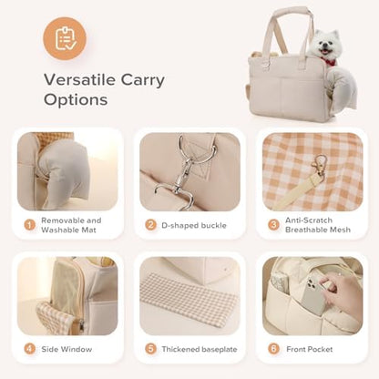 JourCraf Dog Purse Carrier for Small Dogs & Puppies Up 12 Lbs, Soft Cotton Tote Pet Shoulder Bag with Pockets, Foldable & Washable Breathable Puppy Carrier for Yorkie, Chihuahua & Cats - Beige