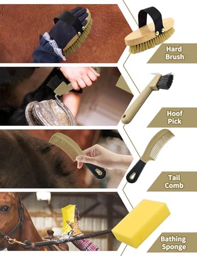 Professional 10 Pieces Horse Grooming Kit with Tote Bag, Horse Brush & Curry Comb Set for Effective Grooming and Bathing, Equine Coat Care Tack Room Supplies, Horse Gifts for Girls