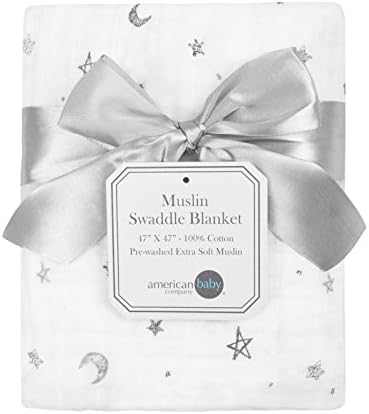 American Baby Company 100% Cotton Muslin Swaddle Blanket (47" x 47"), Soft, Breathable & Lightweight, Gray Stars/Moon, for Boys and Girls, Perfect for Swaddling, Travel and Gifting