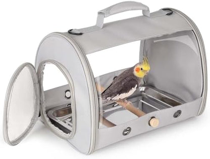 Bird Carrier, Portable Small Bird Parrot Parakeet Carrier with Standing Perch and Stainless Steel Tray, Side Access Window Collapsible (Grey, Cylinder Design - Clear)