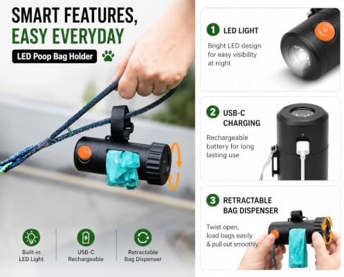 Smart Poop Bag Holder With LED Light - No Batteries Needed - USB-C Rechargeable Special Retracting Function Compact Durable Lightweight Perfect Pet Gift with poop bag opener