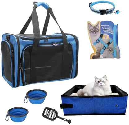 Cat Carrier Soft-Sided & Foldable Travel Litter Box for Cats, Fit 20Lbs Pets, 17.7' * 11.8 * 11.8 inches Cat Bag for Traveling & Camping, Indoor & Outdoor, Pet Carrier Kit, Blue