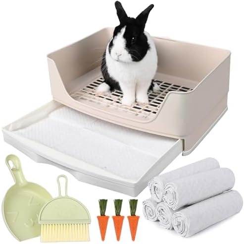 Large Rabbit Litter Box Bunny Potty Training Corner Litter Pan with Drawer Comes with Liners Rabbit Pee Pads, Small Animal Bedding Toilet for Adult Guinea Pig, Ferret, Hamster, Bunnies