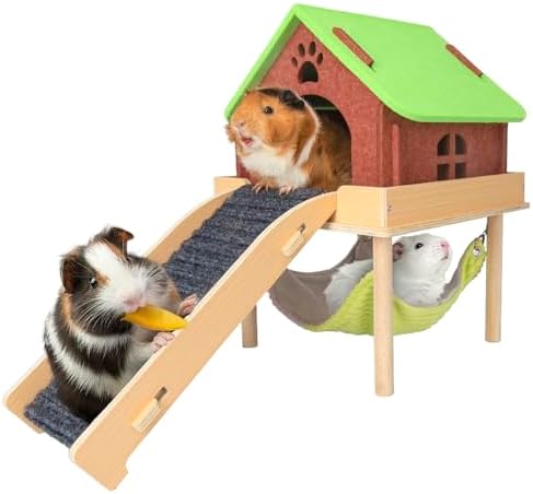 BESNEW 3 in 1 Enlarged Guinea Pig Hammock,Wooden Guinea Pig Hideout with House & Platform & Stairs Small Animal Toys for Hiding Sleeping Activities