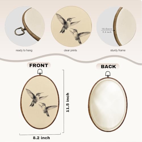 Vintage Hummingbird Oval Framed Wall Art, Cute Two Birds Canvas Art Wall Decor，Cottage Hummingbird Hanging Decor Painting Artwork for Farmhouse Hallway Bathroom Living Room Decoration 8.3x12inch