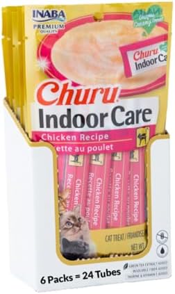 INABA Churu Indoor Care for Hairball Control, Functional Lickable Cat Treat with Taurine & Green Tea Extract, 0.5oz Each, 24 Tubes Total, Chicken Recipe