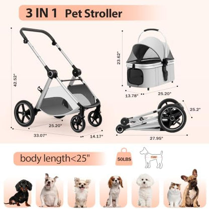 3 in 1 Pet Stroller for Small Medium Dogs,Luxury Dog Stroller with Reversible & Height-Adjustable Handle,Washable Pad&Liner,Rubber Wheels,for Puppy,Senior Pets,Outdoor,Shopping&Vet Visits(Gray)