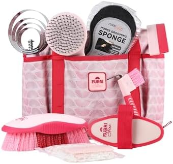Horse Grooming Kit, 9 Piece Grooming Brush Set with Silicone Curry Comb for Bathing & Shedding Pink Garnet