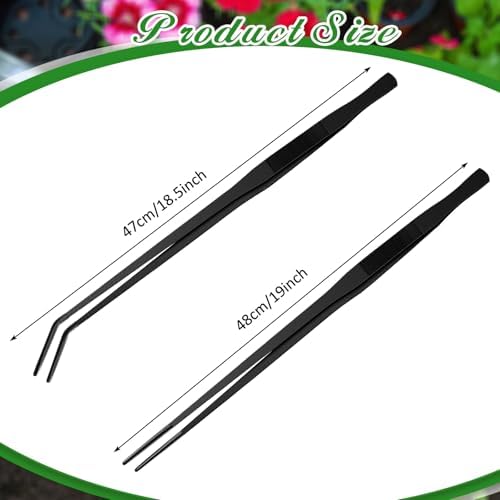 Lasnten 2 Pcs Extra Long Stainless Steel Reptile Feeding Tongs with Rubber Tip 18.5 Inch, 18.9 Inch Bearded Dragon Aquarium Straight and Curved Long Tweezer Terrarium Feeder Tool for Tank(Black)