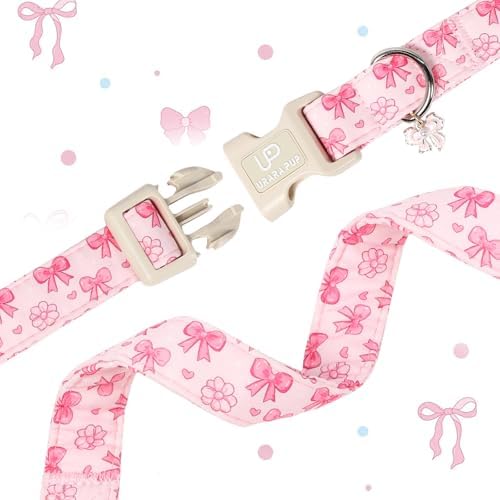 Pink Bow Dog Collar, Summer Cotton Adjustable Pink Bow and Flower Pattern Collar with Cute Pendant, Soft Comfortable Puppy Collar for Small Medium Large Dogs Girls