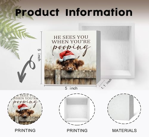 Christmas Highland Cow Bathroom Decor Sign - Farmhouse Western Christmas Animal Bathroom Decor,Rustic Farm Animal He Sees You When You're Pooping Signs,Highland Cow Gifts for Women