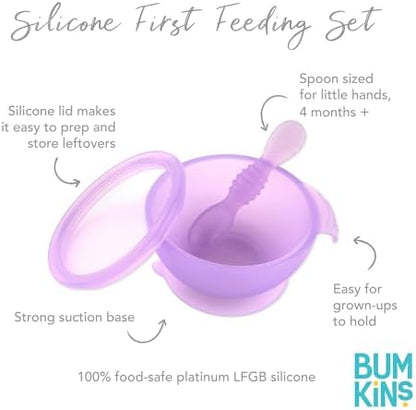 Bumkins Feeding Set with Suction, Includes Spoon and Lid, Training Essentials for Baby-Led Weaning, Toddler Self-Feeding, Babies Eating at 4 Mos Up, Purple Jelly