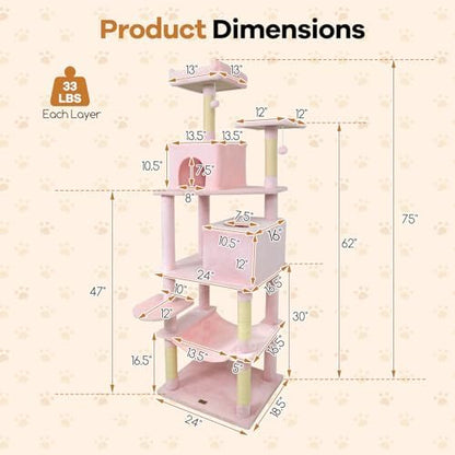 DORTALA 75" Tall Modern Cat Tree, Multi-Level Cat Tower with Large Condos, Sisal Scratching Posts, Top Perch, Hammock, Dangling Balls, Kitten Beds & Climbing Furniture for Indoor Cats (Pink)