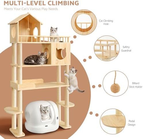 Wood Cat Tree for Automatic Litter Box, 5 Tier Cat Tower, 74 Inch