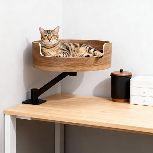 Desk Cat Bed, Elevated Cat Bed for Desk, Space-Saving Cat Hammock for Home Office, Stable & Comfortable Perch for Indoor Cats，Walnut Wood Finish