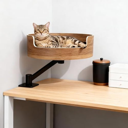 Desk Cat Bed, Elevated Cat Bed for Desk, Space-Saving Cat Hammock for Home Office, Stable & Comfortable Perch for Indoor Cats，Walnut Wood Finish